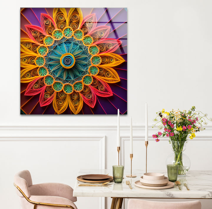Mandala Glass Wall Art – Vibrant 3D Geometric Paper Design