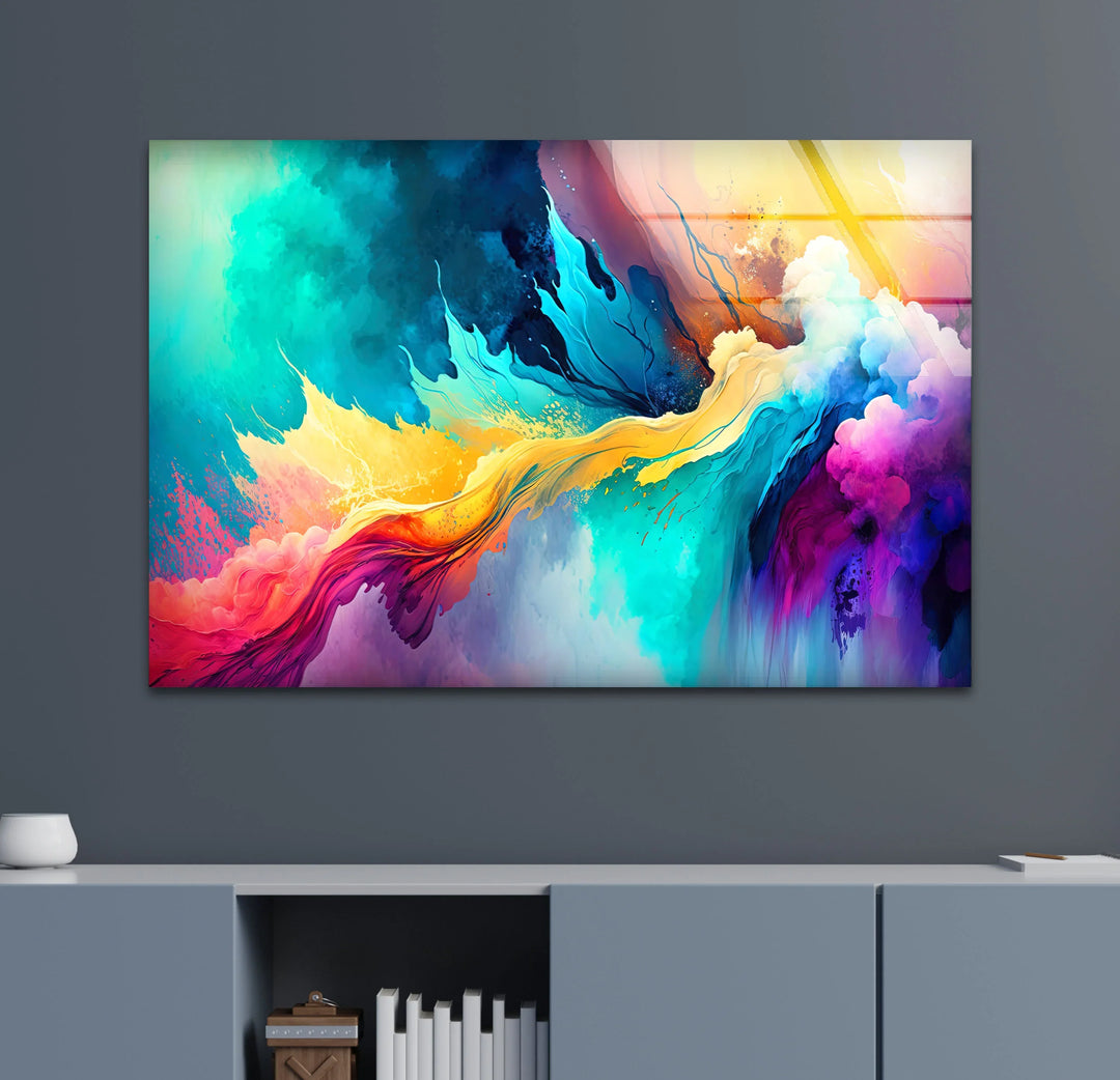 Explosive Color Abstract Glass Wall Art – Vibrant Turquoise & Yellow Energy - MyPhotoStation