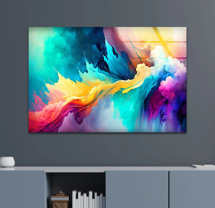 Explosive Color Abstract Glass Wall Art – Vibrant Turquoise & Yellow Energy - MyPhotoStation
