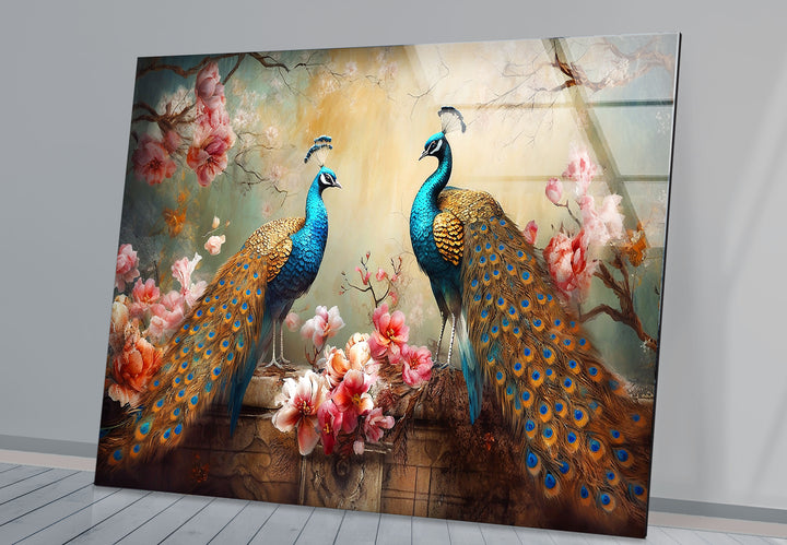 Elegant Peacock Wall Art – Floral Tempered Glass Print for Luxury Interiors