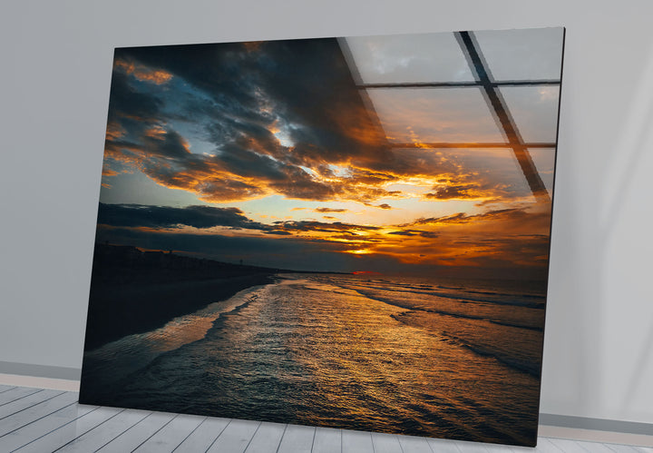 Golden Sunset Ocean Wall Art – Moody Coastal Landscape Glass Print