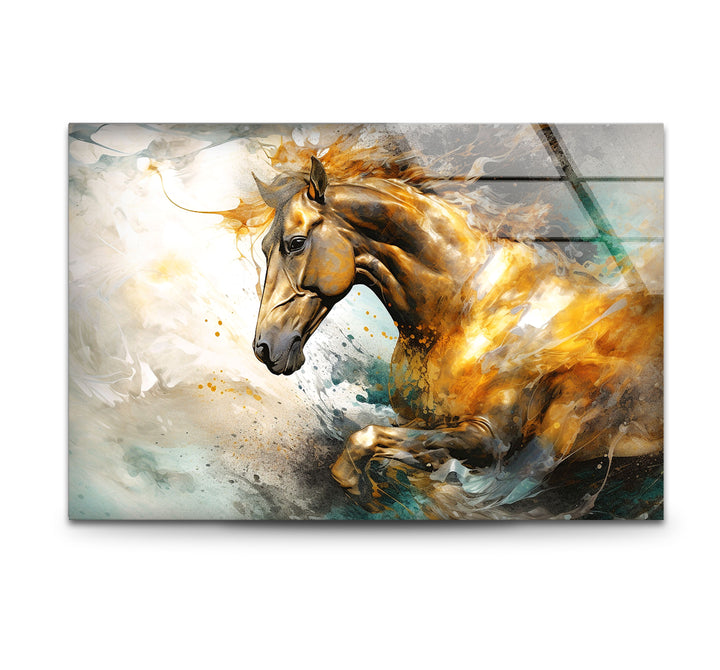 Golden Gallop Wandkunst – Majestätisches Pferd Abstraktes Glasdruckdekor