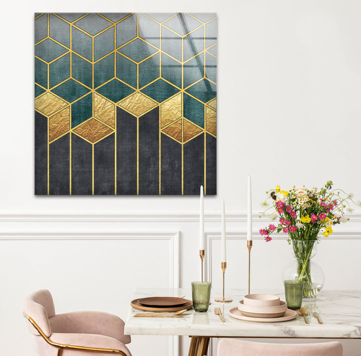 Gold Teal Geometric Wall Art – Luxury Patterned Glass Print for Modern Decor