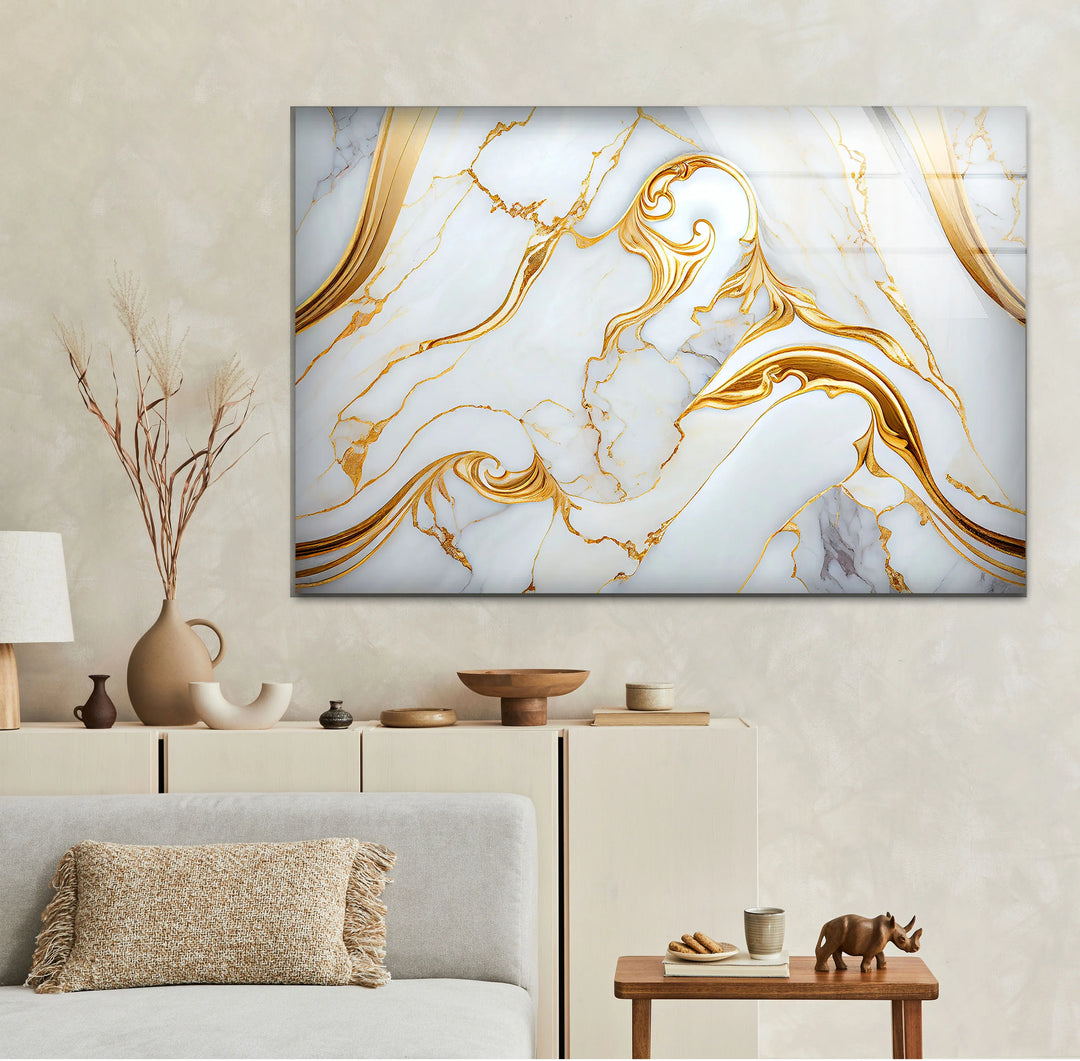 Luxury White Marble Wall Art with Gold Swirl – Elegant Glass Print for Modern Interiors - MyPhotoStation