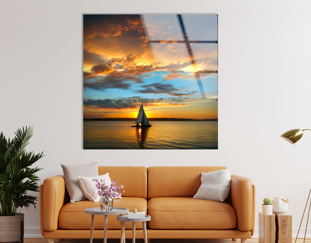 Golden Horizon Wall Art – Sailboat Sunset Glass Print