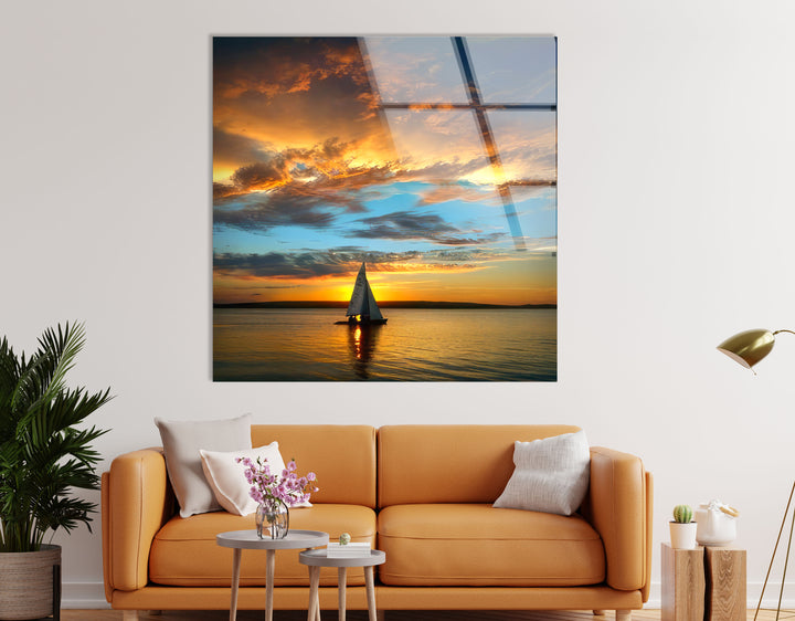 Golden Horizon Wall Art – Sailboat Sunset Glass Print