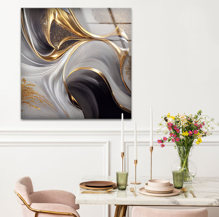 Gold Black White Abstract Wall Art – Elegant Fluid Wave Glass Print for Luxury Interiors