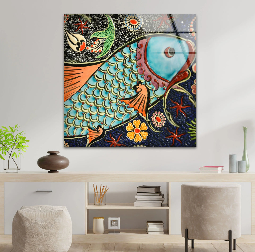 Floral Patterned Fish Wall Art – Turkish Ceramic-Inspired Glass Print - MyPhotoStation
