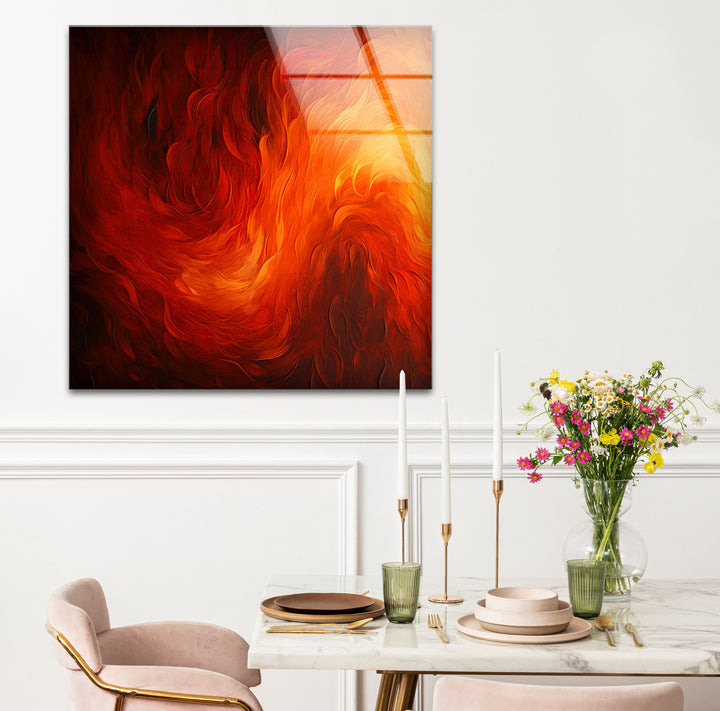 Fiery Abstract Glass Wall Art – Vibrant Red & Orange Flame Energy