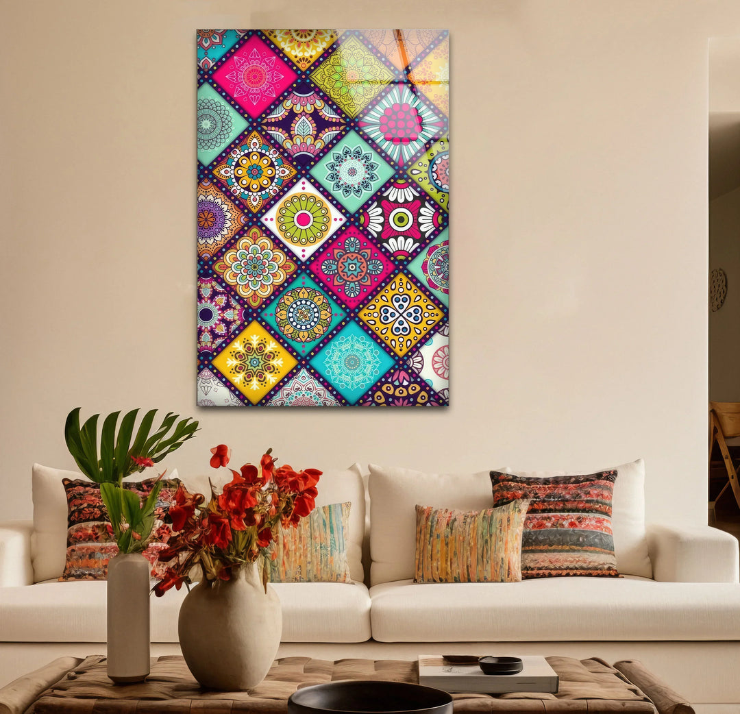 Bohemian Mandala Glass Wall Art – Colorful Mosaic Pattern for Eclectic Interiors - MyPhotoStation