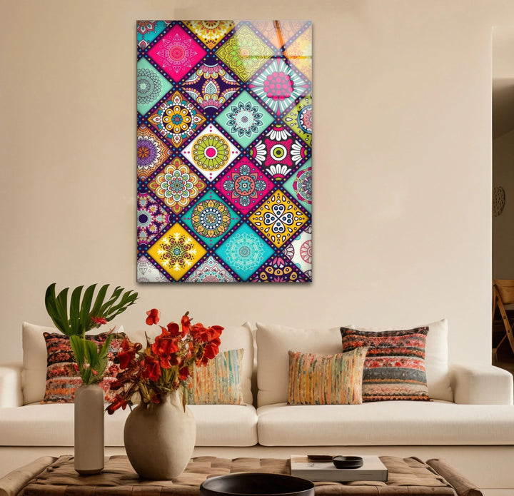 Bohemian Mandala Glass Wall Art – Colorful Mosaic Pattern for Eclectic Interiors - MyPhotoStation