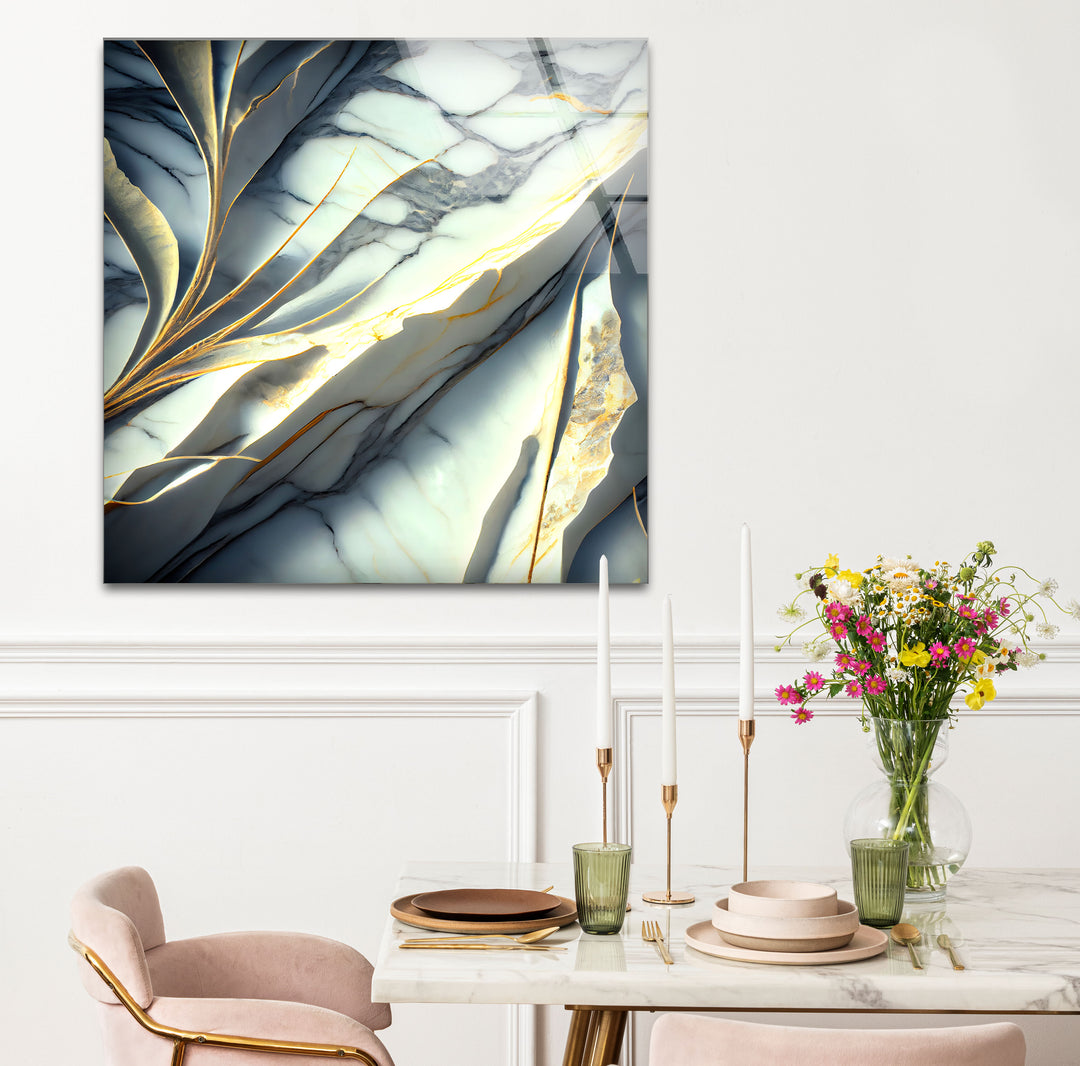 Marble Botanical Wall Art – Luxury Gold Leaf & Blue Vein Abstract Glass Print for Modern Decor