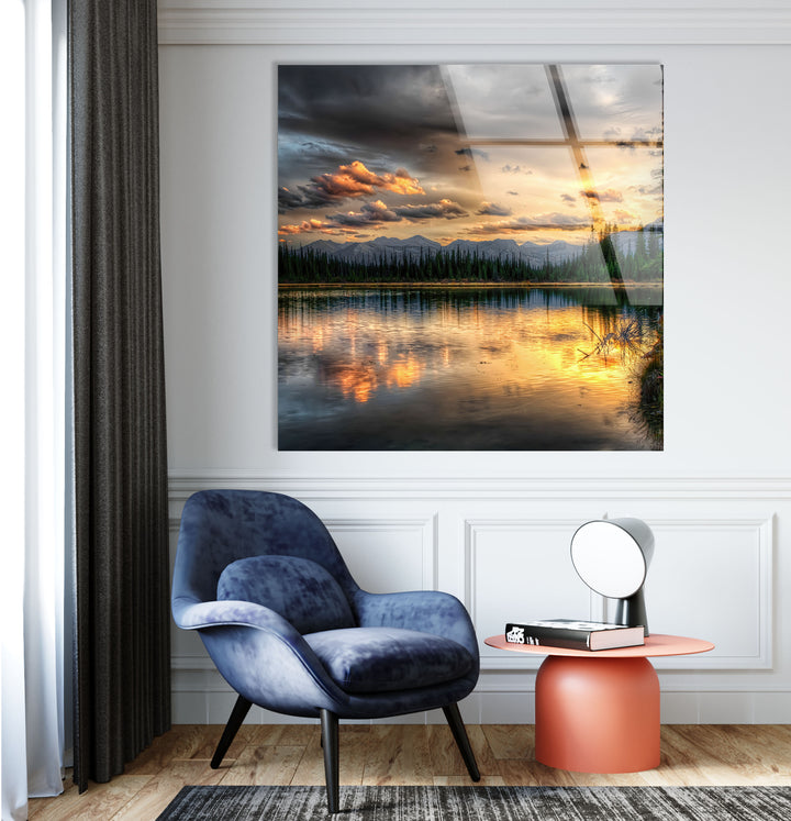 Sunset Lake Wall Art – Serene Forest Landscape Glass Print