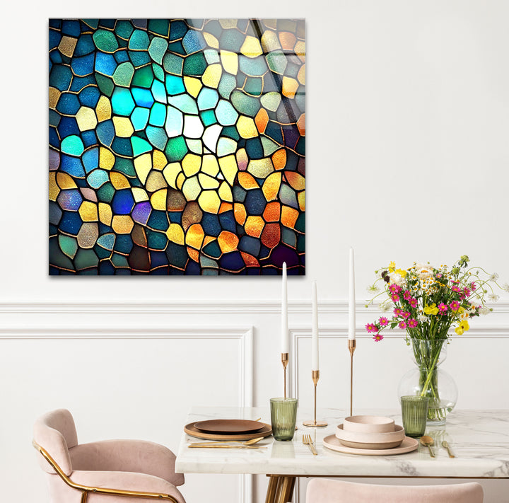 Moderne Wanddekoration aus Buntglas – Abstraktes Mosaikmuster in Blau und Gold