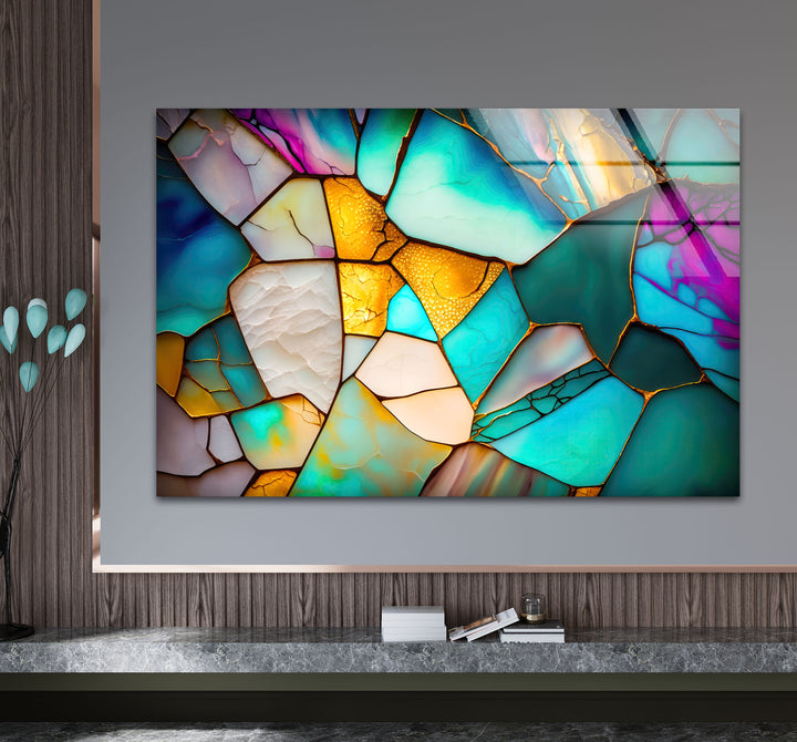 Modern Stained Glass Abstract Wall Art – Teal & Gold Geometric Glass Print
