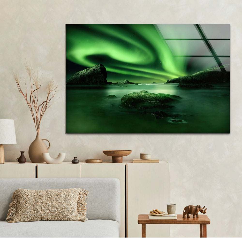 Northern Lights Aurora Borealis Wall Art – Green Sky Glass Print for Modern Interiors - MyPhotoStation