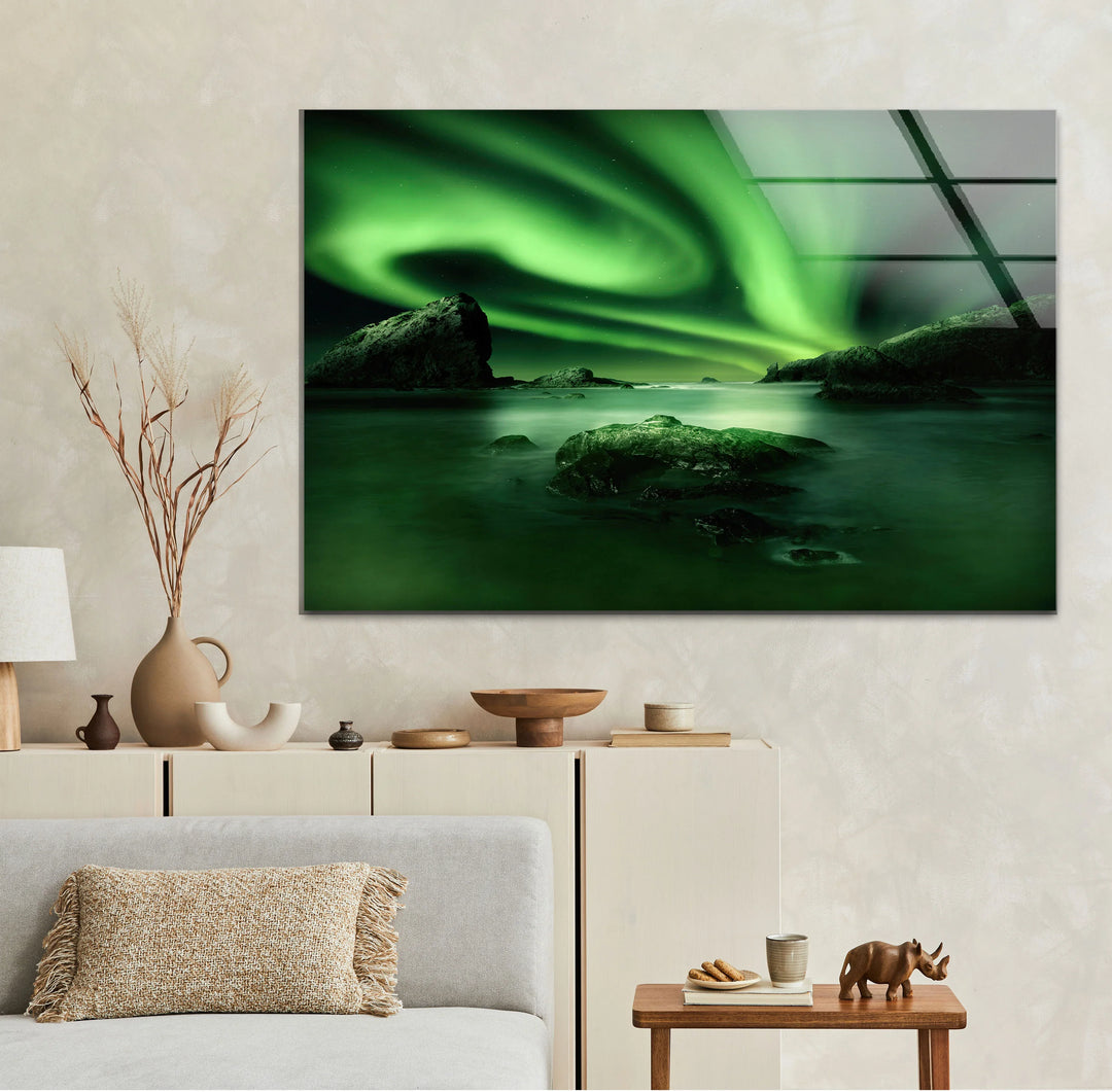 Northern Lights Aurora Borealis Wall Art – Green Sky Glass Print for Modern Interiors - MyPhotoStation