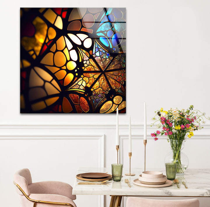 Goldene Buntglas-Wandkunst – Beleuchtete Mosaik-Lichtreflexionen