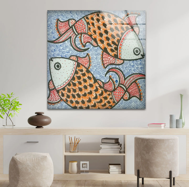 Traditional Folk Art Fish Wall Decor – Vibrant Indian Style Glass Print - MyPhotoStation