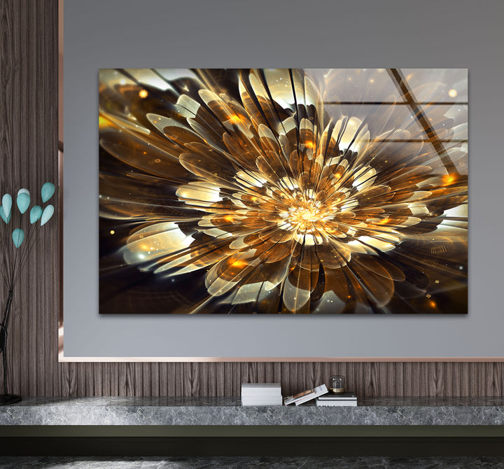 Golden Bloom Burst Wall Art – Radiant Abstract Flower Glass Print