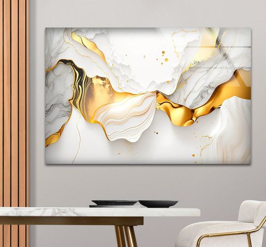 Abstract glass wall art decor showcases a striking transition from deep black and gold hues into flowing white and subtle grey marble textures.