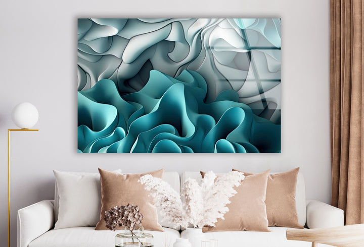 Aqua Dreamscape Wandkunst – Blaugrüner und grauer abstrakter Glasdruck 