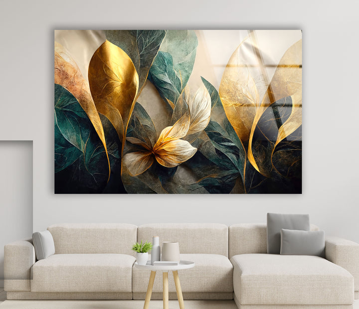 Goldene botanische Wandkunst – Luxuriöser floraler Glasdruck 