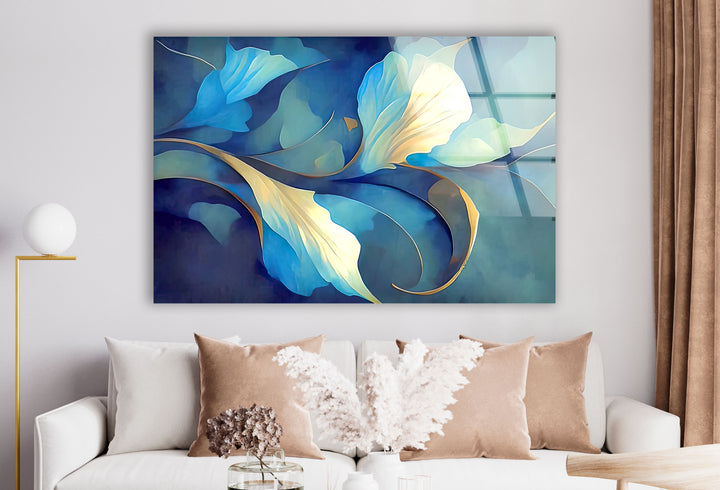Blue Bloom Wandkunst – Eleganter floraler Glasdruck für Wohnräume 