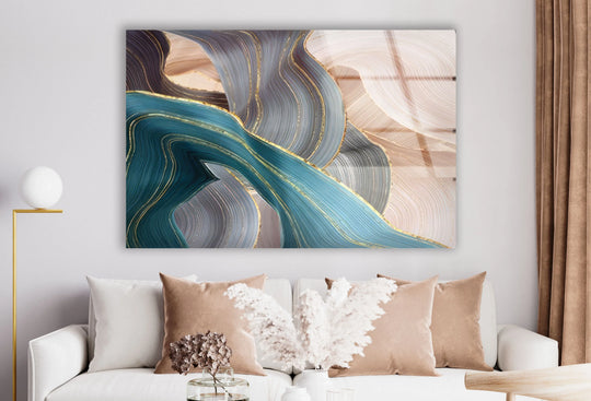 A realistic glass print showcases flowing navy and beige abstract waves accented with shimmering gold veins.