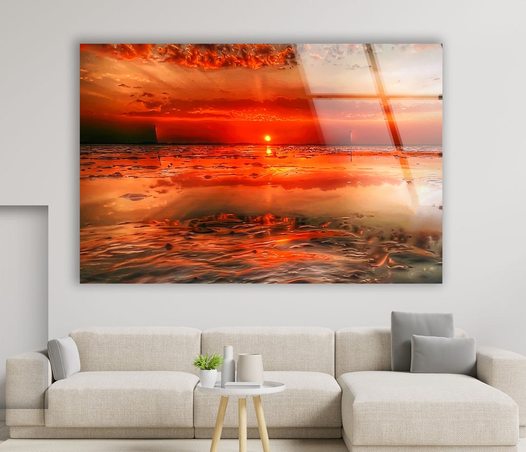 Feurige Sonnenuntergangsküste Wandkunst – Lebendiger Ozean-Glasdruck 