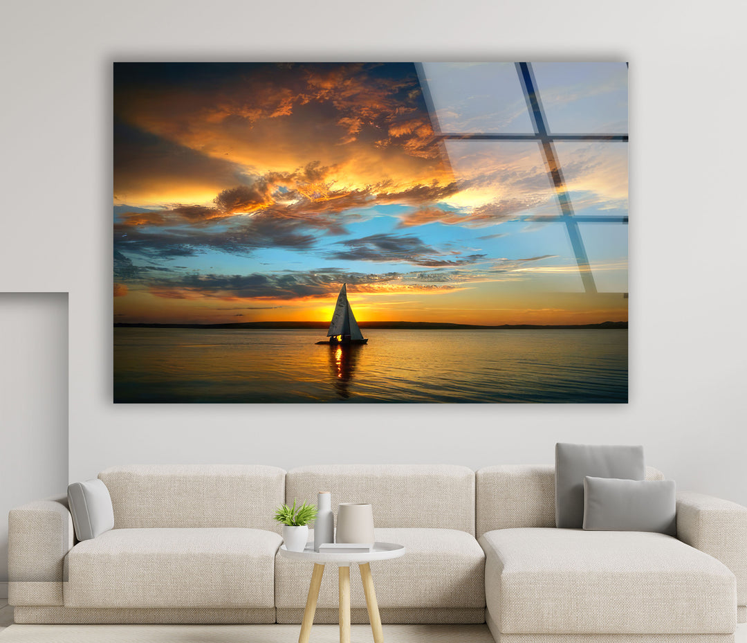 Golden Horizon Wall Art – Sailboat Sunset Glass Print