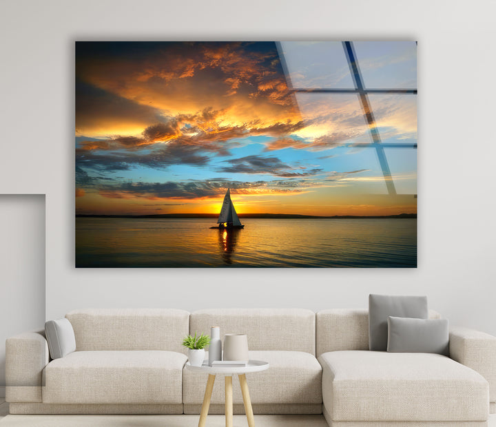 Golden Horizon Wall Art – Sailboat Sunset Glass Print