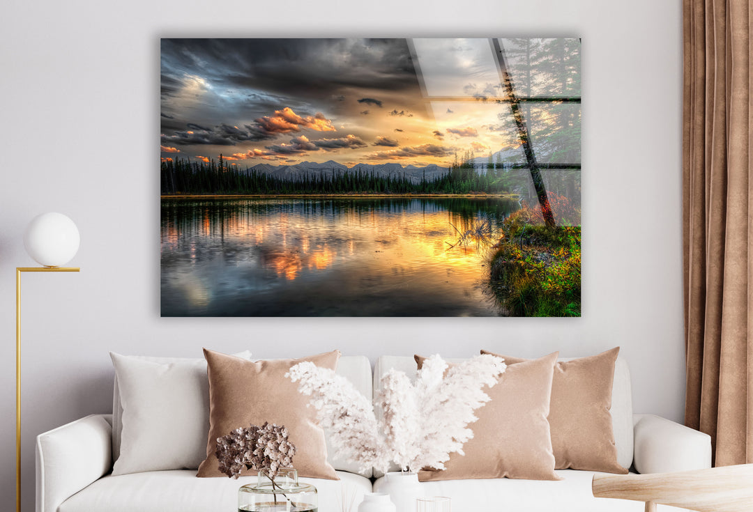 Sunset Lake Wall Art – Serene Forest Landscape Glass Print