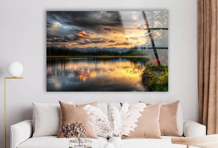Sunset Lake Wall Art – Serene Forest Landscape Glass Print