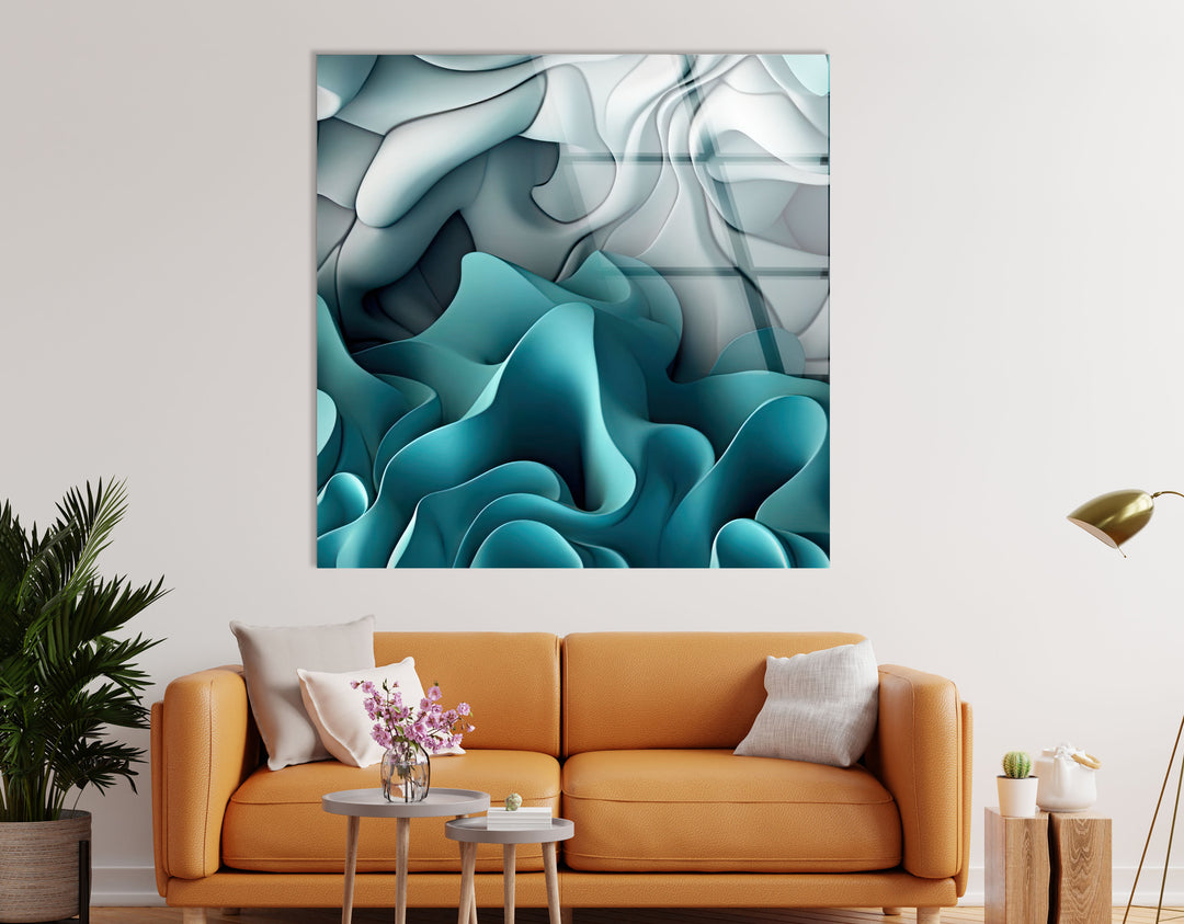 Aqua Dreamscape Wandkunst – Blaugrüner und grauer abstrakter Glasdruck 