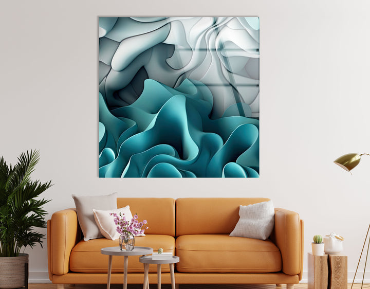Aqua Dreamscape Wandkunst – Blaugrüner und grauer abstrakter Glasdruck 
