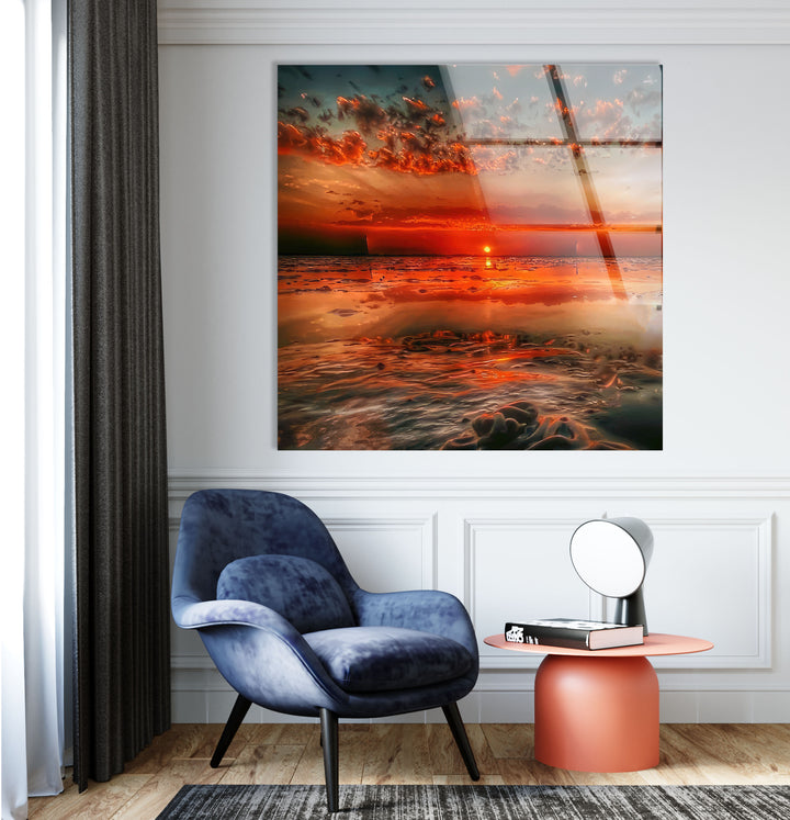 Feurige Sonnenuntergangsküste Wandkunst – Lebendiger Ozean-Glasdruck 