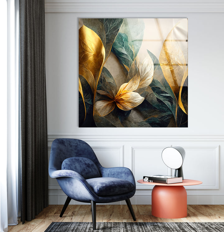 Goldene botanische Wandkunst – Luxuriöser floraler Glasdruck 