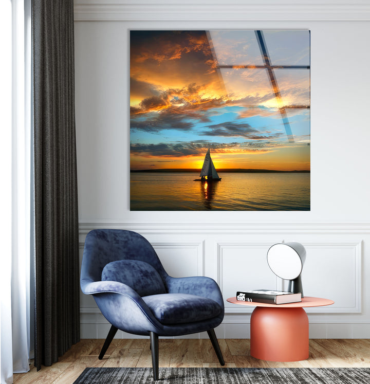 Golden Horizon Wall Art – Sailboat Sunset Glass Print