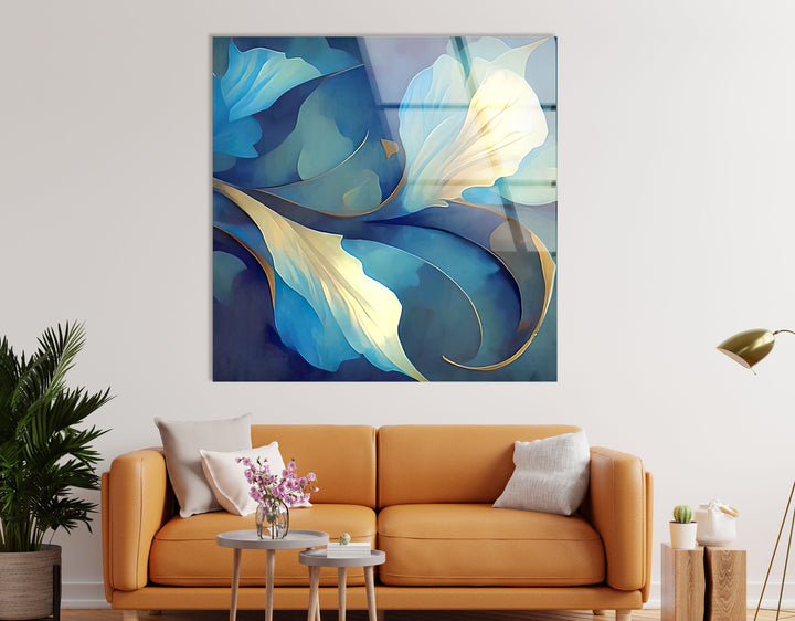 Blue Bloom Wandkunst – Eleganter floraler Glasdruck für Wohnräume 