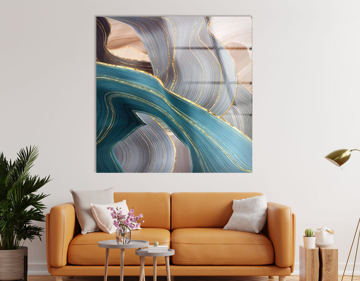 Goldene Adern Abstrakte Wandkunst – Blauer und beiger Glasdruck 