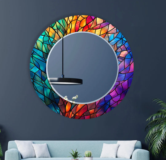 The round mirror has colorful stained glass art and it is a vibrant glass wall art wall mirror with a stained glass theme for modern decor