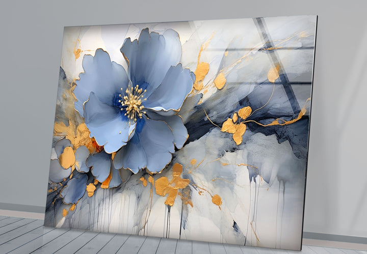 Blue Gold Blossom Wall Art – Elegant Floral Glass Print for Home Décor