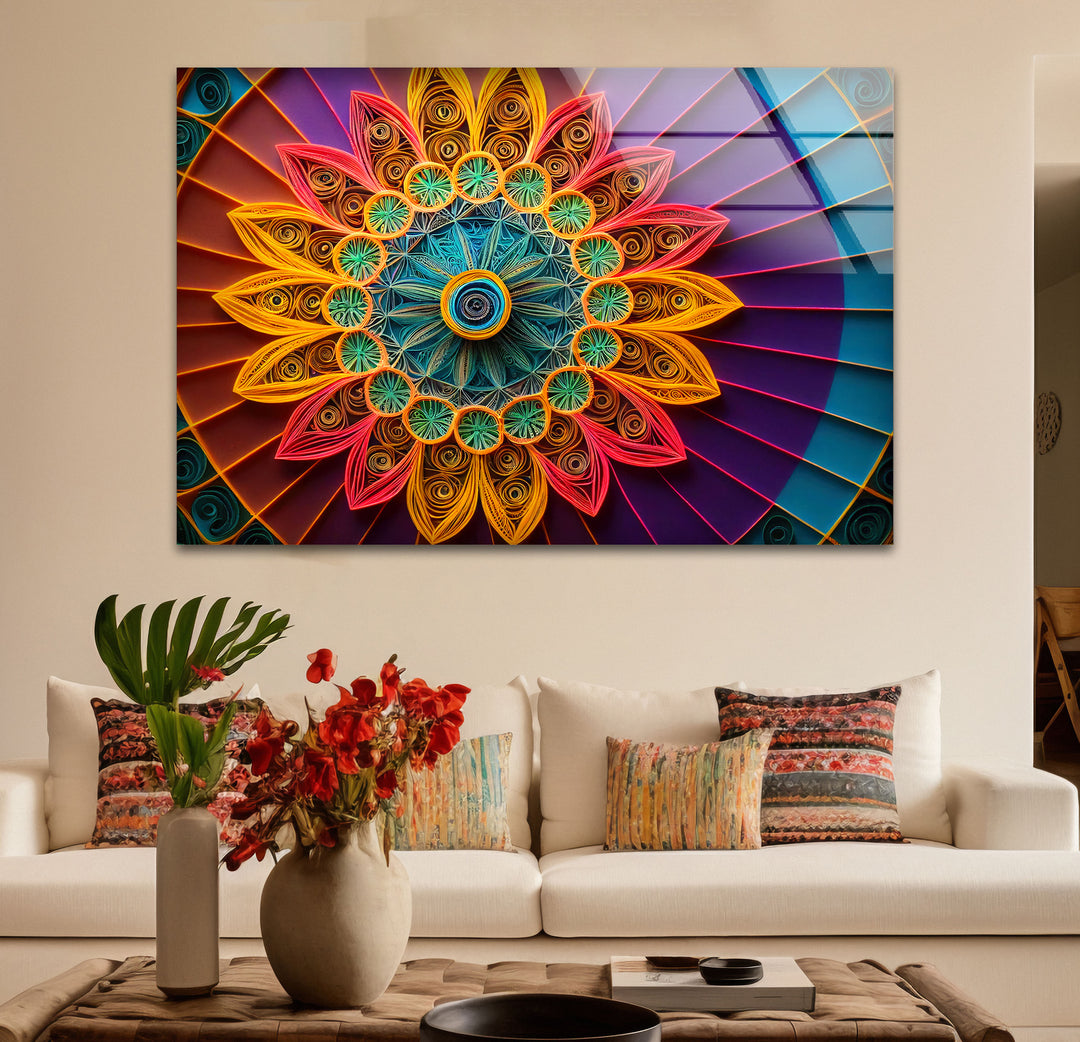 Mandala Glass Wall Art – Vibrant 3D Geometric Paper Design