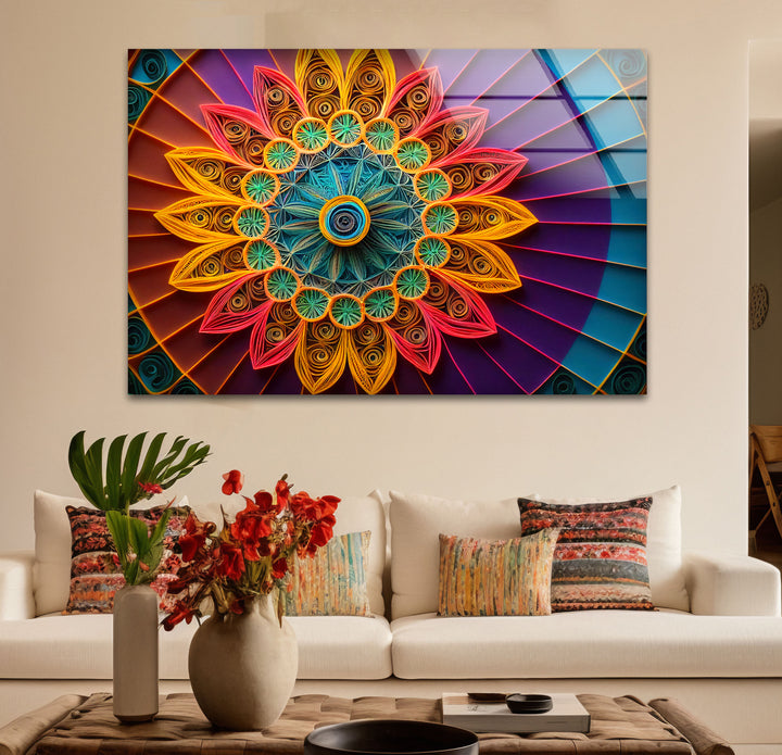 Mandala Glass Wall Art – Vibrant 3D Geometric Paper Design