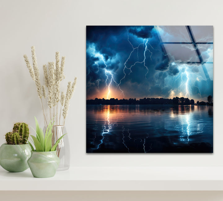 Lightning Storm Over Lake Wall Art – Dramatic Thunderstorm Glass Print