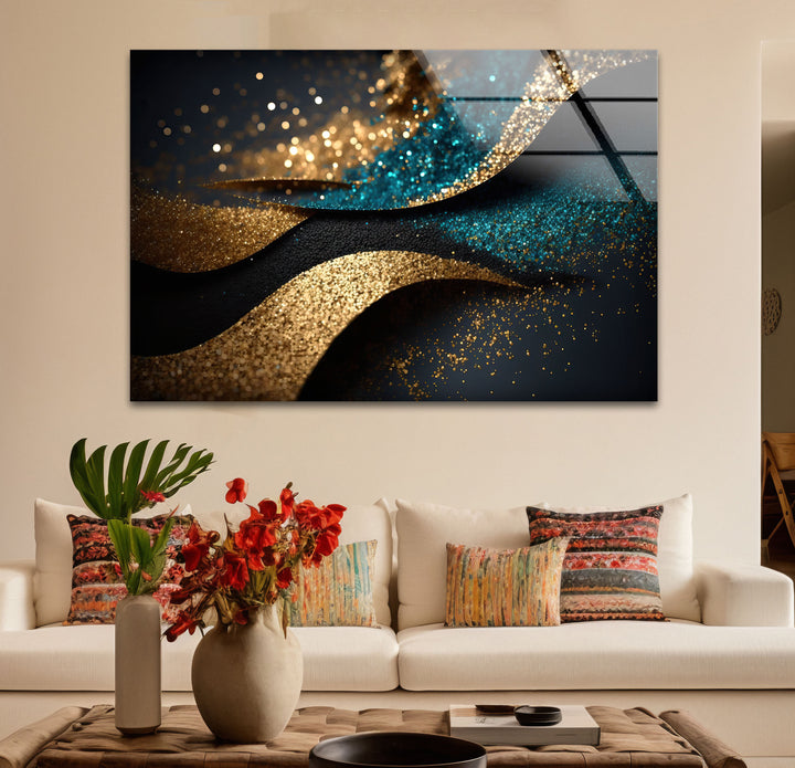 Gold Teal Glitter Wave Wall Art – Luxury Sparkle Abstract Glass Print