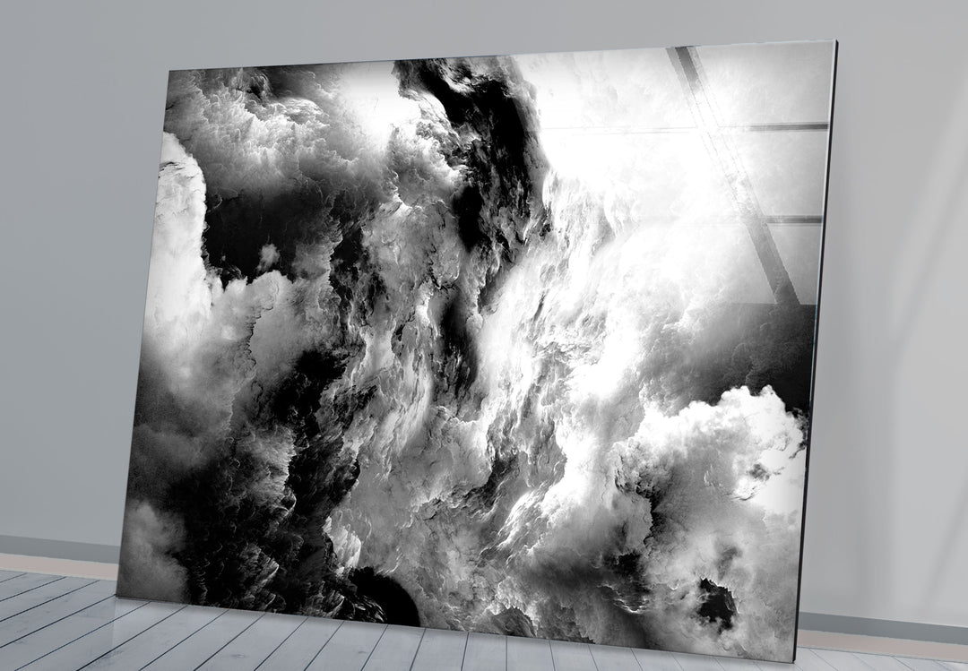 Monochrome Storm Wall Art – Black and White Cloud Glass Print Decor