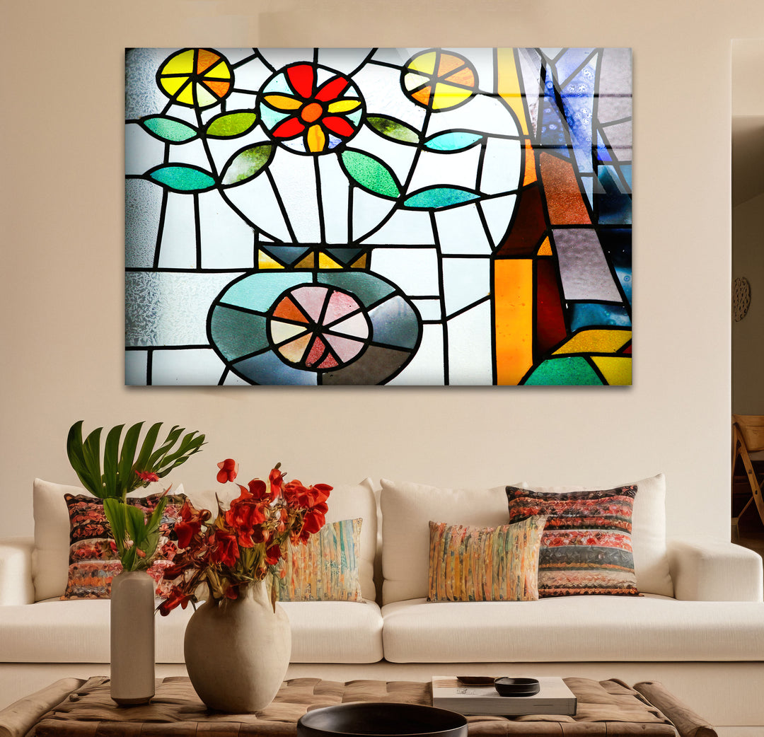 Floral Stained Glass Wall Art – Colorful Flower Vase Mosaic Panel