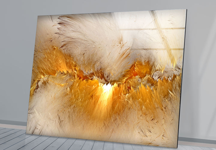 Golden Feather Storm Wall Art – Abstract Light Burst Glass Print